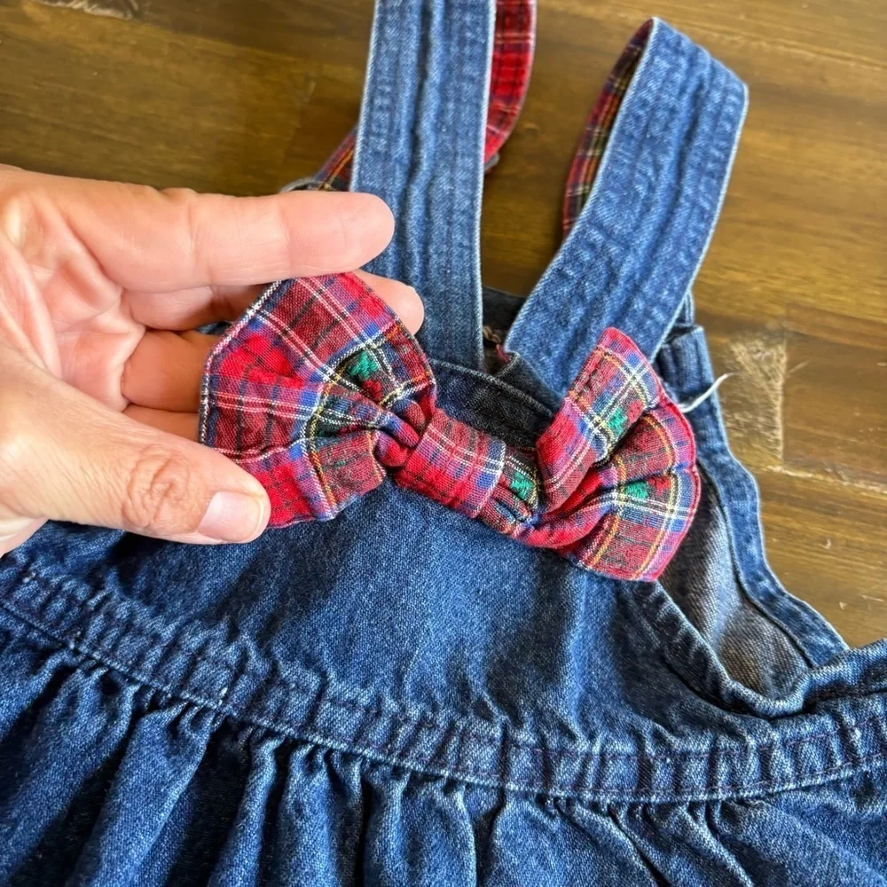 Oshkosh B’gosh American Vintage Cotton Denim Overall Dress Plaid Bow Toddler 4